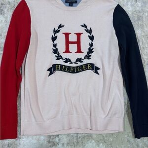 Tommy Hilfiger Academia Preppy Sweater Womens Size Medium Pink Navy & Red